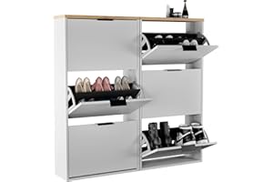 ‎PLANETMÖBEL Planetmöbel 2 x Schuhschrank schmal mit 3 Klappen platzsparender Schuhregal mit 6 Ablagen, Schuhkommode für Diele, Flur, Garderobe 60 x 23 x 118 cm, weiß grau
