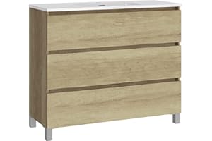 Baikal Conjunto de Mueble de Baño LESI. Compuesto por Mueble con Patas y Lavabo Cerámico. Tres Cajones. Melamina 16mm. Mueble MONTADO. Fondo 39cm 100 cm Nature