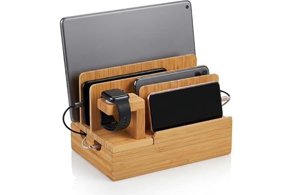 Relaxdays laddningsstation, för Apple Watch, bambu, HxBxD 15 x 21,5 x 15 cm, mobiltelefonstation, surfplattehållare, klockstativ, natur
