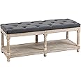 HOMCOM 2-Tier Bed End Bench, Vintage Stool, Wooden Window Seat with Storage Shelf, Button Tufted Upholstered Footstool for Living Room, Bedroom, Entryway, Grey