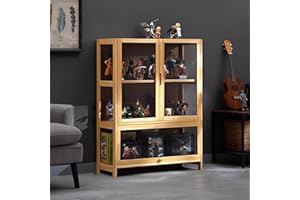 KUYATE Glass display cabinet,Glass door antique cabinet,Antique cabinet display cabinet Natural bamboo frame, single/double door design,Convenient Storage 65x32x106cm/L25.6xW12.6xH41.7in Wood-color