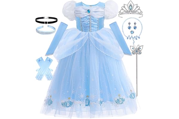 Snyemio Déguisement Princesse Cendrillon Filles Robe Costume Cinderella Enfants Bleu Halloween Carnaval Cosplay