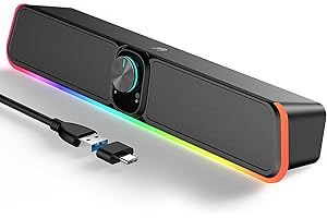 BUSP-HYY Computer Speakers - Wired USB Powered Bluetooth Computer Sound Bar with RGB & Volume Knob, HiFi Stereo Portable Gaming Sound Bar Speaker for Desktop Monitor, PC, Laptop, Tablets, Mac Air/Pro