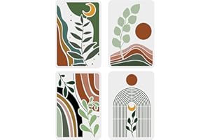 FINGERINSPIRE 4PCS Boho Sunrise Stencils 29.7x21cm Tropical Plant Leaves Stencil Sun Moon Reusable Stencils Large Valley Scene Template River Painting Stencil for Wood Canvas Paper