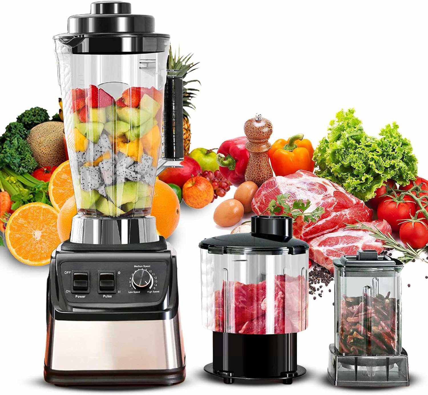3L Batidora Multifunción, 3 en 1, Batidora Profesional de 9500W,Tres Jarras,Cuchillas de Acero Inoxidable,15 Velocidades Ajustables,Batidora para Batidos, Granizados y Frutas (3 en 1)