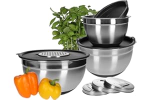 TALK-POINT Saladier bol à mélanger en acier inoxydable 18/10, avec couvercles et 4 râpes à légumes, graduation intérieure, fond en silicone, empilable, antidérapant, adapté à l'usage alimentaire (11 pièces).