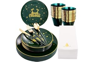 KAHEIGN 175Pcs Resuable Christmas Dinnerware Set, Gold Rimmed Green Plastic Dinnerware - 25 Dinner Plates, 25 Salad Plates, 25 Knives, 25 Forks, 25 Spoons, 25 Napkins for 25 Guests Christmas Party