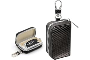 Aczyqws Leather Car Key Fob Case Holder for Men and Women, Car Smart Keychain Protector Cover Carbon Fiber Car Key Holder Zipper Bags Black, Car