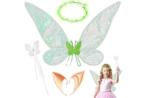 Shinybox Feenflügel Kostüm Set, 4 Stück Feenflügel Erwachsene Feenflügel Kinder, Feenflügel Set mit Elfenohren Kranz Zauberstab für Halloween Geburtstag Weihnachten Themed Party Karneval Cosplay(Grün)