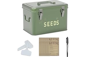 Orionstar Seed Storage Organizer, Metal Seed Saving Box with Lid, Seed Bin with 30 Plant Labels 30 Seed Envelopes 1 Marker Pens, 3 Compartments Box with Safety Locks, Tall Green
