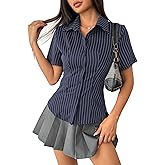 Aahwan White Solid Button-Down Striped Print Casual Short Sleeve Shirt for Women's & Girl's