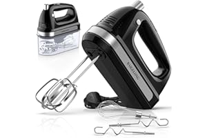 BAIGELONG Hand Electric Mixer, 300W Ultra Power Food Kitchen Mixer with 5 Self-Control Speeds + Turbo Boost, 5 Stainless Steel Attachments Handheld Blender for Baking, BLACK