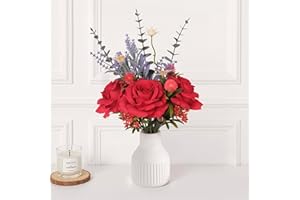 HOPEME Artificial Flowers in Vase, Elegant Dining Table Centrepiece, Silk Red Rose Flower Arrangement, Rustic Farmhouse Faux Flowers for Coffee Table, Floral Centrepiece for Tables, Spring Home Décor