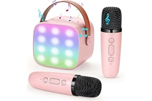 Duemste Karaoke Machine Kids with 2 Wireless Microphone,Portable Karaoke Machine with Bluetooth with LED Light, Pink