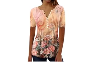 YOLOKE 2023 Summer Short Sleeve Tops for Women UK Trendy Casual Floral Graphic Shirts Tunic Blouses Plus Size Crew Neck Boho Henley Tees