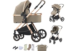 BEBBY Cochecito de bebé 3 en 1，Carrito Bebe 3 en 1 Con Asiento De Auto, Portátil, apoyabrazos ajustables, Carricoche Combinado Paisaje Alto Marco de Aluminio Para Recién Nacido