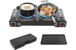 ZOOBOTANICA Réchaud à gaz portable 2 feux avec plateau de barbecue et mallette de rangement pour camping, voyage, randonnée, pique-nique, barbecue sur la terrasse et bien plus encore