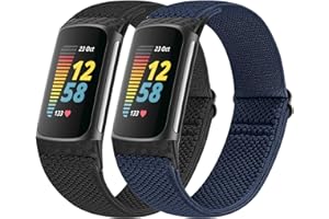 Vodtian Elastic Straps Only Compatible with Fitbit Charge 6/ Charge 5 Strap, 2 Pack Stretchy Adjustable Nylon Loop Braided Replacement Sport Wristband for Charge 5/Charge 6 Activity Tracker Women Men