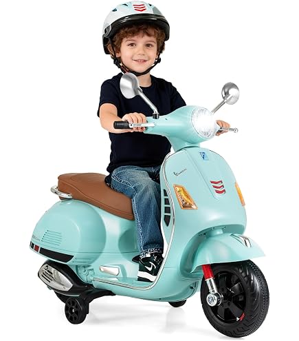 Moto Électrique pour Enfants VESPA 12V sous Licence Moto à 4 Roues avec Musique Klaxon Histoires Roues d'Entraînement pour de 3-6 Ans Vert
