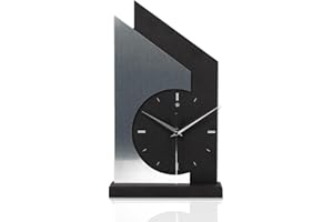 ‎KREATIVE FEDER Kreative Feder Standuhr „Skyscraper“ aus Holz – Schwarze Tisch-Uhr mit silberfarbener Applikation aus gebürstetem Aluminium; Größe ca. 34,5x20x5cm (Applikation Alu Silber, leises Quarzuhrwerk)