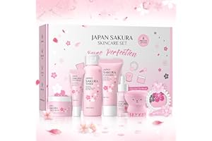 DONGCILL Sakura Ensemble de Soins de la Peau 8 Pièces,Avec nettoyant,Toner,Crème,Sérum,Sérum pour les yeux,Pinceau,Bandeau et clip,Coffret Cadeau de Soins de la Peau pour Femmes,Convient à Tous Types de Peau