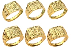 CYUaoao 6 Stk Herren Vergoldeter Ringe Set Hip Hop Ringe Verstellbar Siegelringe Rock Ring Reich Glück Reichtum Kanji Bandring Trauring Gold