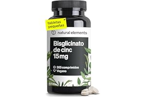 NATURAL ELEMENTS Zinc Bisglicinato 15mg - 365 comprimidos (1 año) - Para el pelo, piel, uñas y reforzar sistema inmunológico - Bisglicinato de zinc alta biodisponibilidad - Probado en laboratorio y vegano