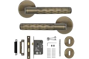 Decoranddecor Tore Lever On Rose Door Handles with Diamond Pattern – Comprehensive Internal Door Handle Set with Sash Lock, Keys and Matching Fixings in Antique Brass