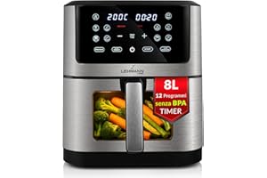 LEHMANN Friggitrice ad Aria 8 Litri XXL, 1800 W, Air Fryer con Finestra di Visualizzazione, 12 Programmi & Regolazione Manuale 76–200°C, Timer 1-60min, Rivestimento Antiaderente, Display Touch