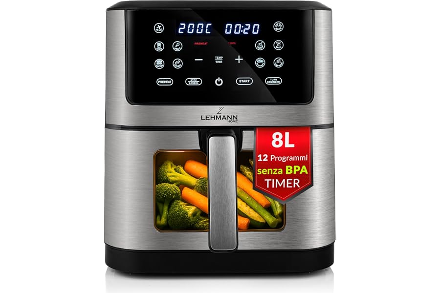 LEHMANN Air Fryer 8 Litres XXL, 1800 W, Air Fryer with Viewing Window, 12 Programmes & Manual Adjustment 76-200°C, Timer 1-60min, Non-stick Coating, Touch Display