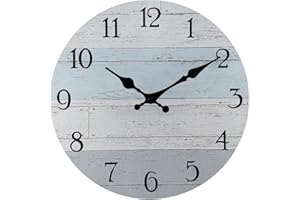 Plumeet Wall Clock, 12'' Frameless Wooden Wall Clocks with Silent Quartz Movement, Rustic Coastal Country Village Clock Decorative for Kitchen Bedroom Living Room, Blue
