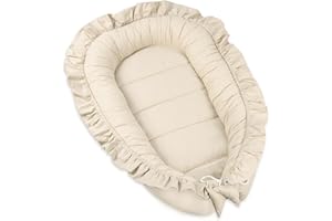 PIMKO Babynest mit rüschen Babynestchen für Baby Kuschelnest Babykokon für Säuglinge und Neugeborene 100% Baumwolle Nestchen für Zuhause oder als Baby Nest 55 x 90 cm (Beige)