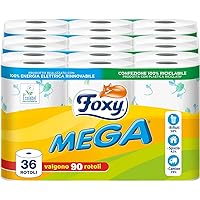 Foxy Mega | Carta igienica 36 rotoli| 480 strappi| Decorata |100% Energia elettrica rinnovabile| Confezione prodotta con plas