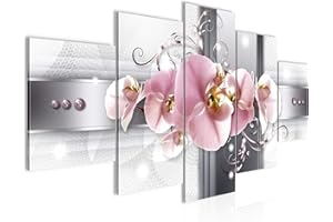Runa Art - Cuadros Decorativos Flores Orquídea 200 x 100 cm 5 Piezas XXL Decoracion de Pared Diseño Gris Rosa 008351a