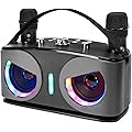 Drepint Machine de Karaoké avec 2 Microphones sans Fil, Hiboux Bluetooth Portable Karaoké Adulte, Micro sans Fil Karaoke avec Lumières Disco, Supporte TV/USB/AUX/TF/FM