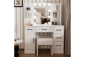 UMEIGA Large White Dressing Table Set with Hollywood LED Lights Mirror, 39.3" W Vanity Table Set with 5 Large Drawers and Stool Vanity Makeup Table with Adjustable 3 Color LED Lights for Bedroom Girl Women