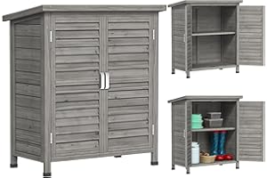 Outsunny Garden Shed Wooden Garden Storage Shed 2 Door Unit Solid Fir Wood Garage Tool Organisation Cabinet, 87L x 46.5W x 96.5Hcm, Grey