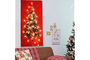KuSONG Tapiz de Árboles Navideños con luz de estrella Feliz Navidad telón de fondo para colgar pared Tapices para manta de decoración festivales (Rojo grande)