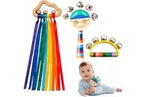 KXRTPX 3 Baby Tambourine Toys Set, Mini Tambourine with Ribbons, Wooden Handbell for Sensory Play, Musical Instruments for Toddlers 6 Months to 3 Years, Educational Toys for Montessori and Early Learning