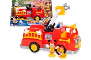 Mickey & Minnie-Coche de Bomberos,set de juguete con vehículo y 2 figuras articuladas,camión de bomberos con escalera extensible,sonidos y luces,y los personajes Mickey Mouse y Pluto,Famosa (MCC00000)