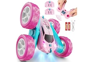 QUNREDA Ferngesteuertes Stunt Auto Pink 4WD 2.4GHz Mädchen RC Car Doppelseitig 360° Flip Rotation LED Licht Modularer Akku Robustes Outdoor Spielzeug 6‑12 Jahre Geburtstags Weihnachts Geschenk