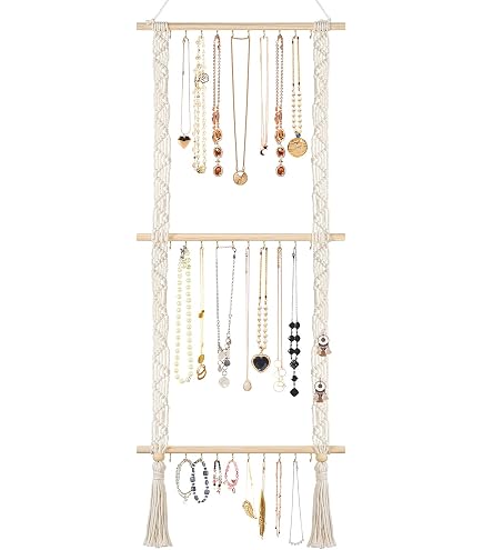 Stuurvnee Présentoir à Bijoux Blanc - Porte-Bijoux Métallique 2 étages Avec Porte-Clés - Idéal Pour Boucles D'Oreilles, Colliers, Bracelets - 20,5 X 7,5 X 24 Cm - Cadeau Fille - 2