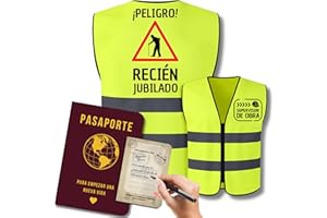 EQUIK PRODUCTS Regalo de jubilación divertido para hombre | Chaleco reflectante jubilado y Libro de firmas | Tarjeta despedida trabajo, Tarjeta felicitacion jubilacion y decoración (¡Cuidado! Jubilado en Acción)