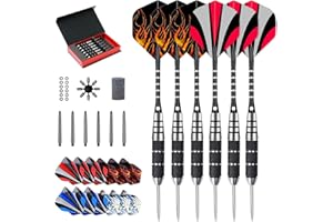 Okuleya Flechette Pointe Acier Pro 22g 6 Fléchettes avec Tiges De Sculpture en Aluminium Noir, 12 Pieces de 4 Vols Style, Anneaux en Caoutchouc, Affûteur, Clé, Protecteur de Vol 8 Pièces et Étui