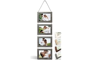 NEOWS Portafotos Múltiple Decorativo para Colgar en Pared - Marcos de Fotos Multiples de Madera Con Cuerda - Collage Portarretratos Colgante - Fotos 10x15 cm (Gris Roble, 4 Fotos Horizontal)