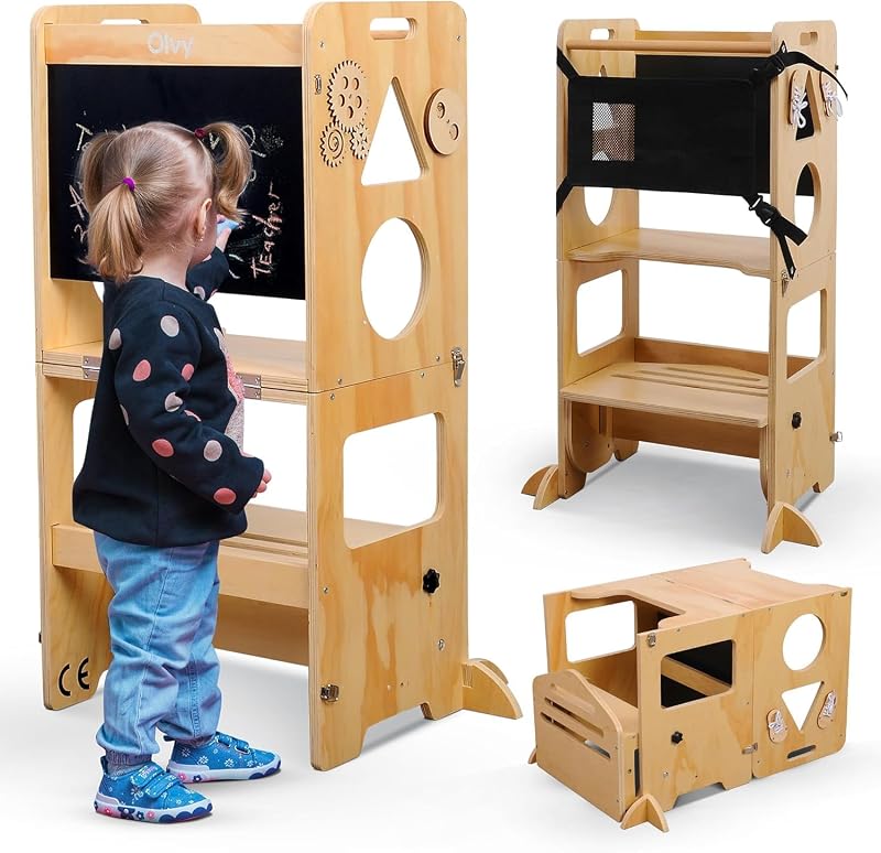 Olvy Kids 3 in 1 Montessori - Torre di apprendimento pieghevole - Scaletta in legno - 3 gradini - Torre da cucina per bambini - Torre di apprendimento in piedi a partire da 1 anno - Scala per bambini