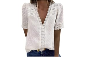 TIMEMEAN Hauts Femme Chemise élégante à Col en V Et Dentelle Au Crochet Chemisiers Confortables Décontractés à Manches Courtes en Jacquard De Couleur Unie à Pompons