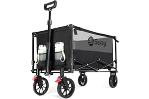 Sekey Folding Festival Trolley with Brake, 330LB Capacity Heavy Duty Beach Cart, Breathable & Quick-Dry, 200L Camping Wagon on All-Terrain Wheels, Adjustable Handle, Drink Holders, Black&Grey