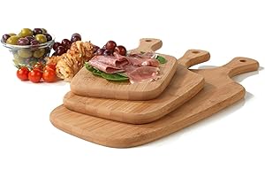 Salter 3 teiliges Bambus Schneidebretter - 30/35/45cm Schneidebrett mit Haltegriff, rustikales Holz Küchenbrett, Paddelform Charcuterie/Servierbretter, Brett zum Aufhängen, 5 Jahre Garant, BW06732