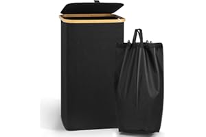 WISYOK 100L Black Laundry Basket with Lid, Large Foldable Laundry Hamper with Removable Inner Bag, Storage Basket with Bamboo Handle for Bedroom, Bathroom, Laundry Room